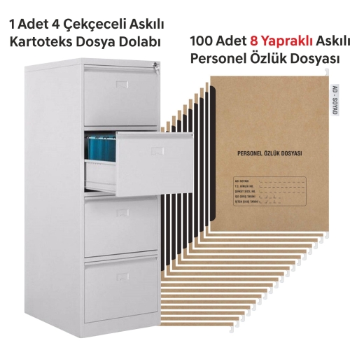 1 Adet Dört Çekmeceli Kartoteks Dosya Dolabı 100 Adet 8 Sayfalı Askılı Personel Özlük Dosyası Kampanyalı Fiyat - 1