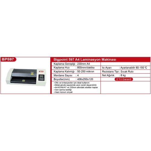 Bigpoint BP597 Laminasyon Makinesi A4 Tam Profesyonel - 2