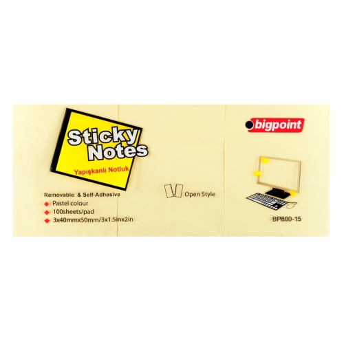 Bigpoint BP800 Yapışkanlı Not Kağıdı Pastel Sarı 3 lü (40x50mm) - 1