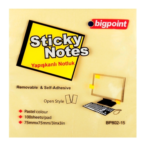 Bigpoint BP802 Yapışkanlı Not Kağıdı Pastel Sarı (75x75mm) - 1