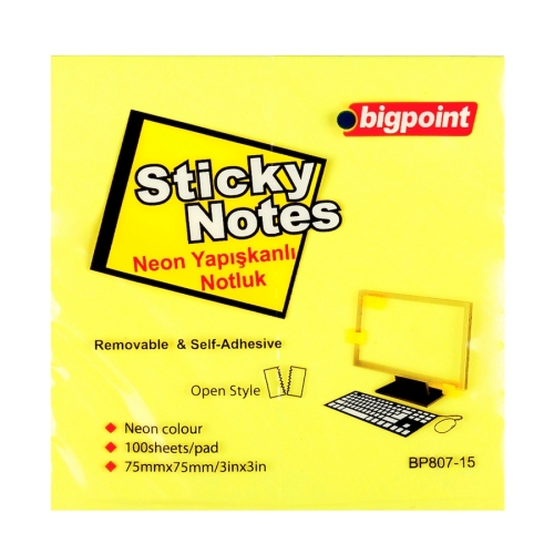 Bigpoint BP807 Yapışkanlı Not Kağıdı Neon Sarı (75x75mm) - 1