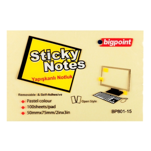 Bigpoint Yapışkanlı Not Kağıdı Sarı 50x75mm (BP801) - 1