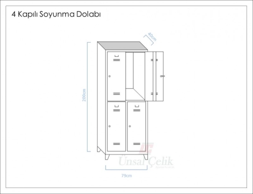 Metal Dört Kapılı Soyunma Dolabı Mavi Gri (Yarım Boy Kapılı) - 2
