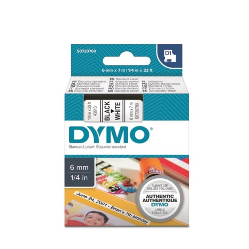 DYMO D1 Yedek Şerit Beyaz/Siyah 6mm x 7mt (43613) - 1