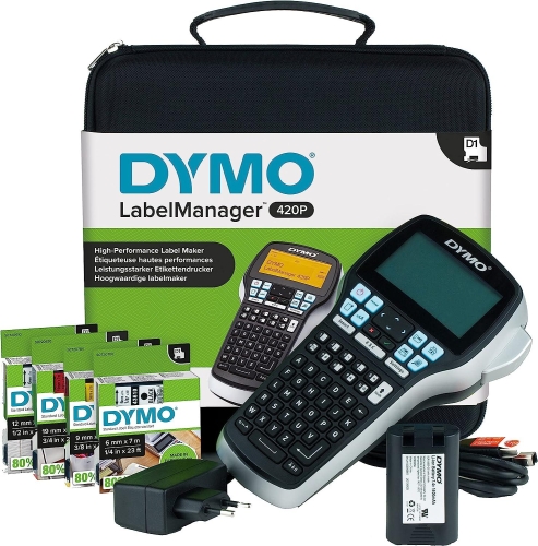 DYMO LabelManager 420P yüksek performanslı etiketleme aleti, çantalı, Taşınabilir etiket cihazı, ABC klavye, ekstra tekerlekli Dymo 4 Adet D1 yazı bandı, PC veya Mac arayüzlü - 1