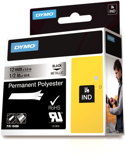 DYMO Rhino 18486 Polyester Şerit 12mmx5,5m Metalikgri/Siyah - 1