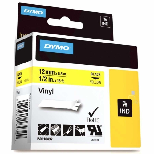 DYMO RhinoPRO Renkli Vinil Şerit 12mmx5,5m Sarı/Siyah 18432 - 1