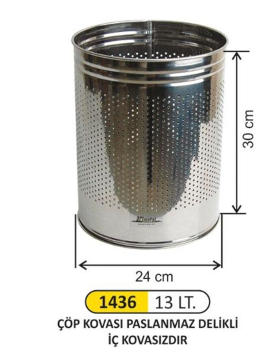 Garanti Metal 1436 Paslanmaz Tam Delikli Ofis Tipi Çöp Kovası (13 Lt) - 1