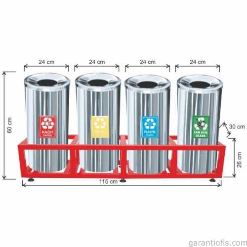 Garanti Metal 1812 Kafesli Paslanmaz Çelik 4 lü Geri Dönüşüm Çöp Kovası - 1