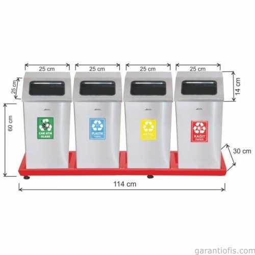 Garanti Metal 1813 Bazalı Mat Paslanmaz Çelik 4 lü Geri Dönüşüm Çöp Kovası - 1