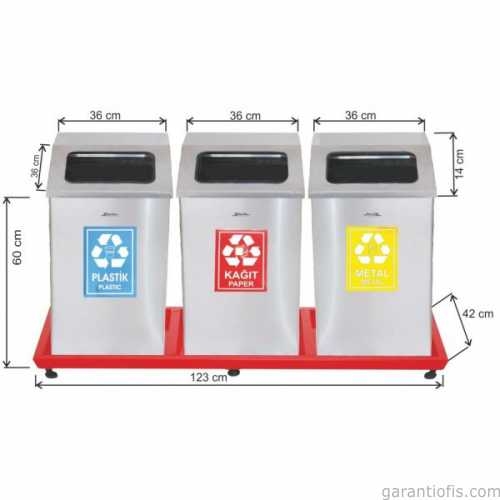 Garanti Metal 1814 Bazalı Mat Paslanmaz Çelik 3 lü Geri Dönüşüm Çöp Kovası - 1