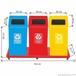 Garanti Metal 1838 Boyalı 3 lü Geri Dönüşüm Çöp Kovası