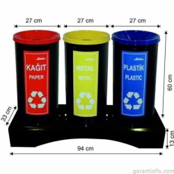 Garanti Metal 1840 Boyalı 3 lü Geri Dönüşüm Çöp Kovası