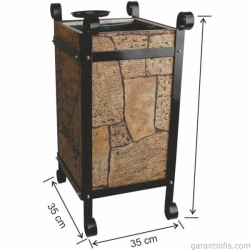 Garanti Metal 2105 Taş Dekorlu Kül Tablalı Kare Ahşap Bahçe Tipi Çöp Kovası (45 Litre) - 1
