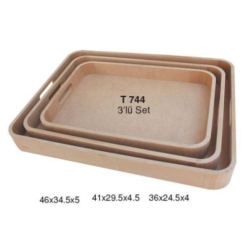 Hobi-Art T 744 Ahşap Dikdörtgen Tepsi 3 lü Set - 1