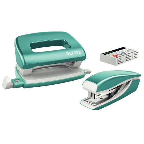 Leitz 5561 Mini Zımba ve Delgeç Set WOW Metalik Buz Mavisi (10 Sayfa) - 1