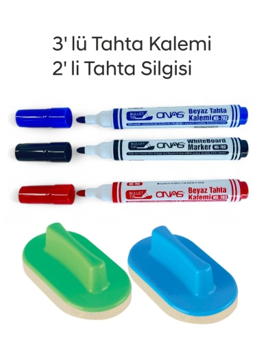 Mikro NS-703 Yuvarlak Uç Beyaz Yazı Tahta Kalemi 3 lü Set Kraf 575G Tahta Silgisi 2 li Set - 1