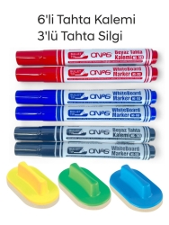 Mikro NS-703 Yuvarlak Uç Beyaz Yazı Tahta Kalemi 6 lı Set Kraf 575G Tahta Silgisi 3 lü Set