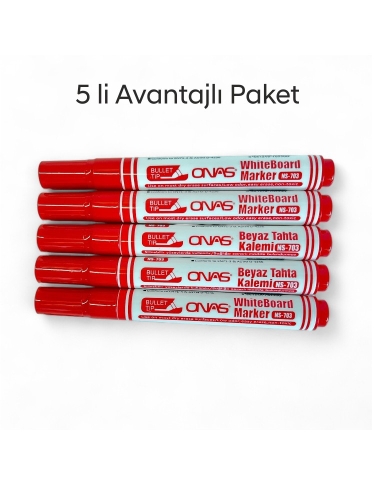 Mikro NS-703 Yuvarlak Uç Beyaz Yazı Tahta Kalemi Kırmızı 5 lı Set - 1