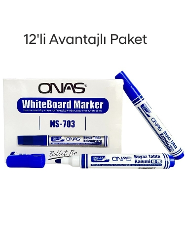 Mikro NS-703 Yuvarlak Uç Beyaz Yazı Tahta Kalemi Mavi 12 li Set - 1