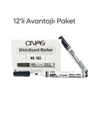 Mikro NS-703 Yuvarlak Uç Beyaz Yazı Tahta Kalemi Siyah 12 li Set