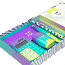 Milan Hediyelik Hesap Makinesi Tükenmez ve Kurşun Kalem Kalemtraş Set Sarı Yeşil - 2