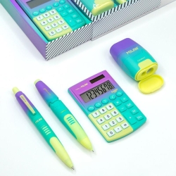 Milan Hediyelik Hesap Makinesi Tükenmez ve Kurşun Kalem Kalemtraş Set Sarı Yeşil - 1