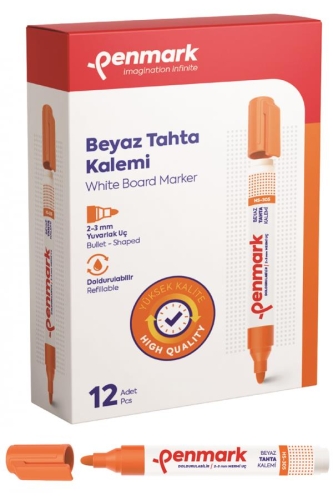 Penmark Beyaz Yazı Tahtası Kalemi Turuncu Renk (12 Adet) - 1