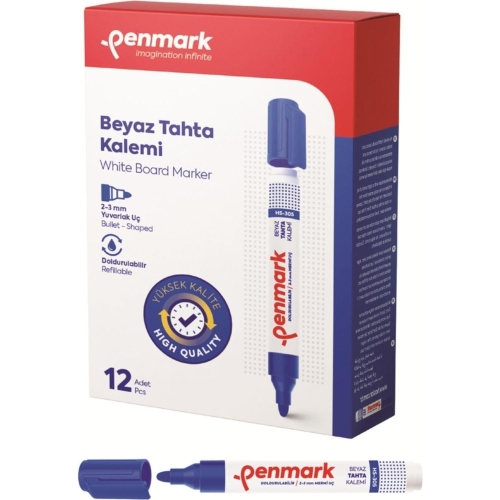 Penmark Beyaz Yazı Tahtası Kalemi Mavi Renk (12 Adet) - 1