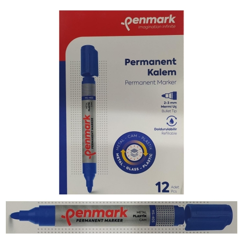 Penmark Permanent Marker Koli Kalemi Mavi Renk (12 Adet) - 1