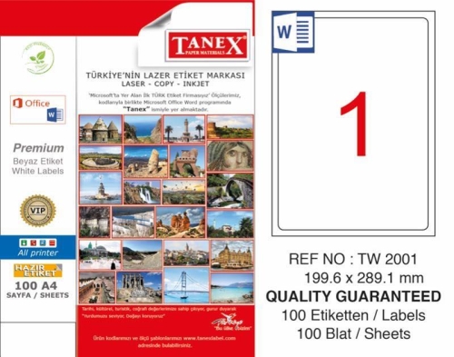Tanex TW-2001 Laser Etiketi (199,6 x 289,1 mm) - 1